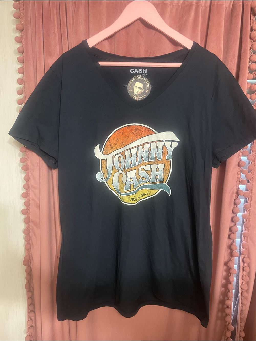 Johnny Cash Black Graphic Ring of Fire V-neck Tee